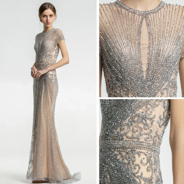 Luxury / Gorgeous Champagne See-through Evening Dresses 2019 Trumpet / Mermaid Scoop Neck Short Sleeve Handmade Beading Sweep Train Formal Dresses