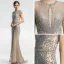 Luxury / Gorgeous Champagne See-through Evening Dresses  2019 Trumpet / Mermaid Scoop Neck Short Sleeve Handmade  Beading Sweep Train Formal Dresses