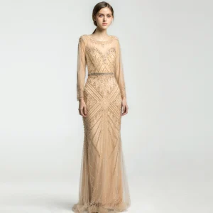 Luxe Champagne Transparentes Robe De Soirée 2019 Trompette Sirène Encolure Dégagée Manches Longues Perlage Ceinture Longue Robe De Ceremonie