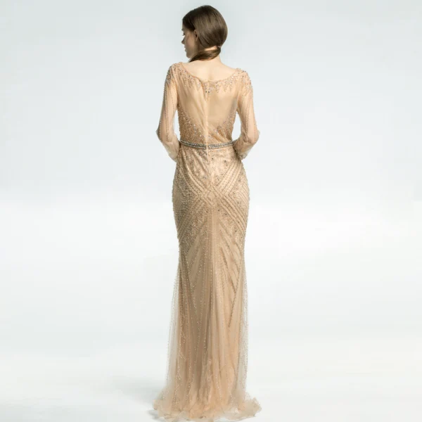 Luxury / Gorgeous Champagne See-through Evening Dresses 2019 Trumpet / Mermaid Scoop Neck Long Sleeve Beading Sash Floor-Length / Long Formal Dresses
