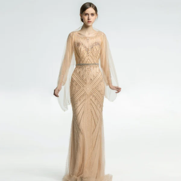 Luxury / Gorgeous Champagne See-through Evening Dresses 2019 Trumpet / Mermaid Scoop Neck Long Sleeve Beading Sash Floor-Length / Long Formal Dresses