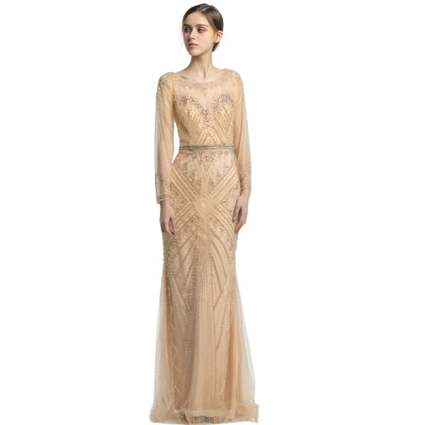 Luxury / Gorgeous Champagne See-through Evening Dresses 2019 Trumpet / Mermaid Scoop Neck Long Sleeve Beading Sash Floor-Length / Long Formal Dresses