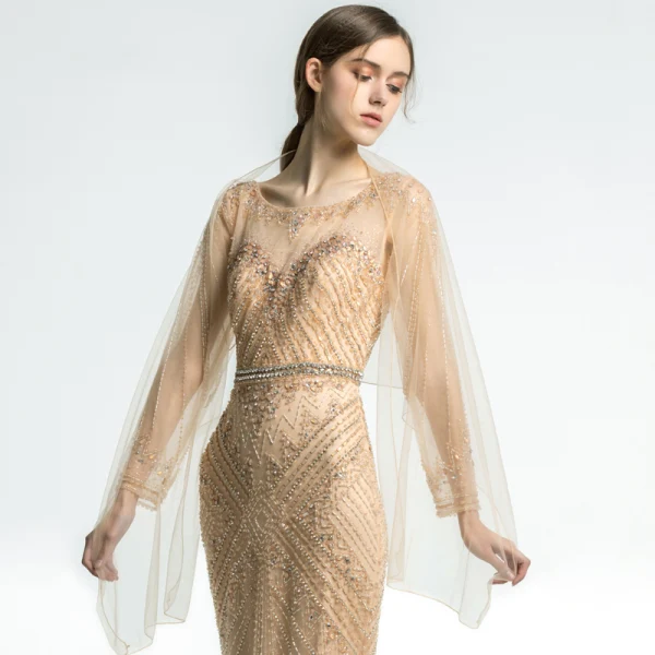Luxury / Gorgeous Champagne See-through Evening Dresses 2019 Trumpet / Mermaid Scoop Neck Long Sleeve Beading Sash Floor-Length / Long Formal Dresses