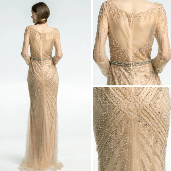 Luxury / Gorgeous Champagne See-through Evening Dresses 2019 Trumpet / Mermaid Scoop Neck Long Sleeve Beading Sash Floor-Length / Long Formal Dresses