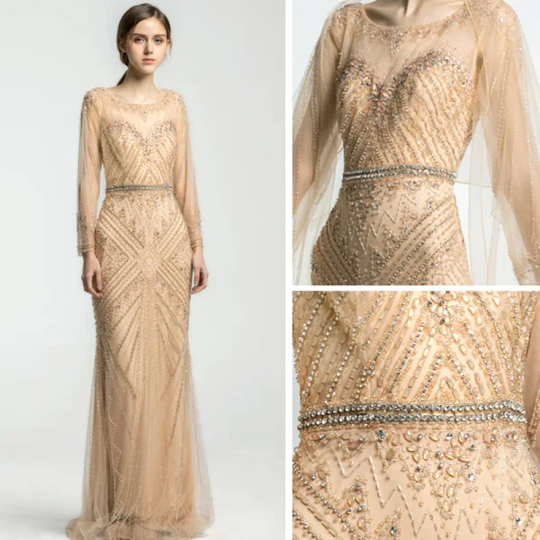Luxury / Gorgeous Champagne See-through Evening Dresses 2019 Trumpet / Mermaid Scoop Neck Long Sleeve Beading Sash Floor-Length / Long Formal Dresses