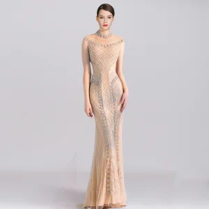 Luxe Champagne Transparentes Robe De Soirée 2019 Trompette Sirène Col Haut Sans Manches Fait Main Perlage Train De Balayage Robe De Ceremonie
