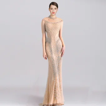 Luxe Champagne Transparentes Robe De Soirée 2019 Trompette Sirène Col Haut Sans Manches Fait Main Perlage Train De Balayage Robe De Ceremonie