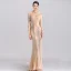 Luxe Champagne Transparentes Robe De Soirée 2019 Trompette / Sirène Col Haut Sans Manches Fait main Perlage Train De Balayage Robe De Ceremonie