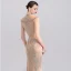 Luxe Champagne Transparentes Robe De Soirée 2019 Trompette / Sirène Col Haut Sans Manches Fait main Perlage Train De Balayage Robe De Ceremonie
