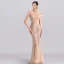 Luxe Champagne Transparentes Robe De Soirée 2019 Trompette / Sirène Col Haut Sans Manches Fait main Perlage Train De Balayage Robe De Ceremonie