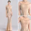 Luxe Champagne Transparentes Robe De Soirée 2019 Trompette / Sirène Col Haut Sans Manches Fait main Perlage Train De Balayage Robe De Ceremonie