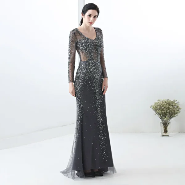 Illusion Champagne Transparentes Robe De Soirée 2019 Trompette / Sirène V-Cou Manches Longues Paillettes Perlage Train De Balayage Robe De Ceremonie