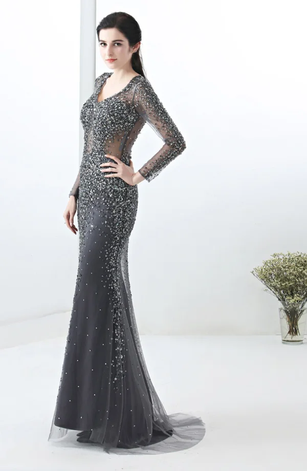 Illusion Champagne Transparentes Robe De Soirée 2019 Trompette / Sirène V-Cou Manches Longues Paillettes Perlage Train De Balayage Robe De Ceremonie