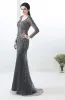 Illusion Champagne See-through Evening Dresses  2019 Trumpet / Mermaid V-Neck Long Sleeve Sequins Beading Sweep Train Formal Dresses