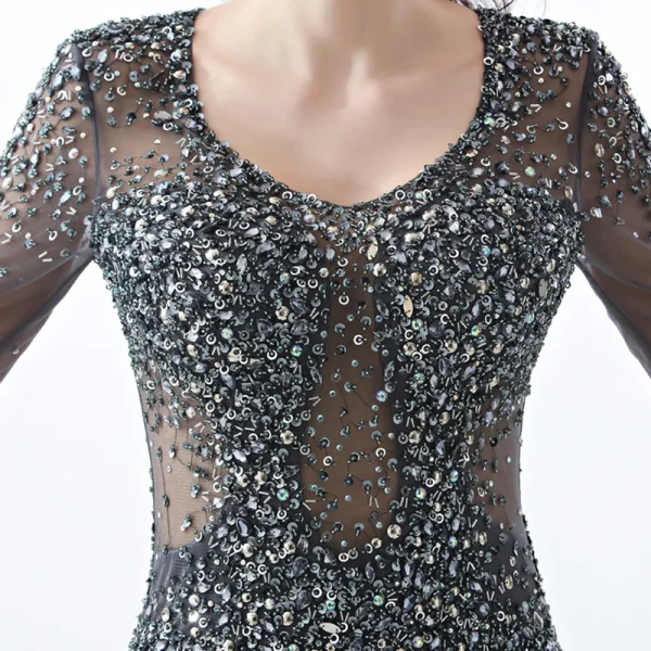 Illusion Champagne Transparentes Robe De Soirée 2019 Trompette / Sirène V-Cou Manches Longues Paillettes Perlage Train De Balayage Robe De Ceremonie