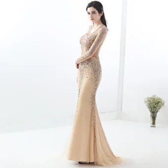 Illusion Champagne See Through Evening Dresses 2019 Trumpet Mermaid V Neck Long Sleeve Sequins Beading Sweep Train Formal Dresses