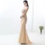 Illusion Champagne Transparentes Robe De Soirée 2019 Trompette / Sirène V-Cou Manches Longues Paillettes Perlage Train De Balayage Robe De Ceremonie