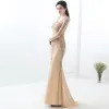 Illusion Champagne See-through Evening Dresses  2019 Trumpet / Mermaid V-Neck Long Sleeve Sequins Beading Sweep Train Formal Dresses