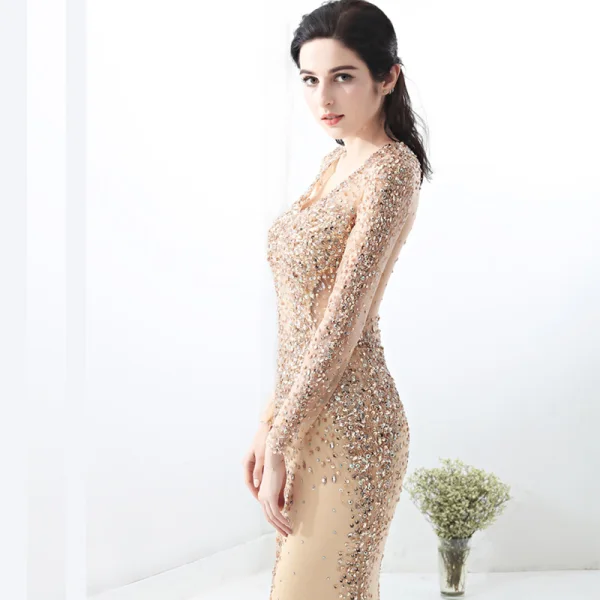 Illusion Champagne Transparentes Robe De Soirée 2019 Trompette / Sirène V-Cou Manches Longues Paillettes Perlage Train De Balayage Robe De Ceremonie