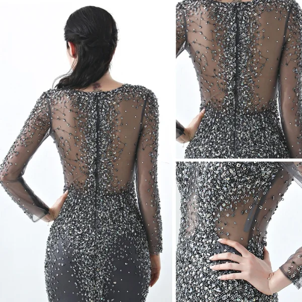 Illusion Champagne Transparentes Robe De Soirée 2019 Trompette / Sirène V-Cou Manches Longues Paillettes Perlage Train De Balayage Robe De Ceremonie