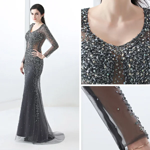 Illusion Champagne Transparentes Robe De Soirée 2019 Trompette / Sirène V-Cou Manches Longues Paillettes Perlage Train De Balayage Robe De Ceremonie