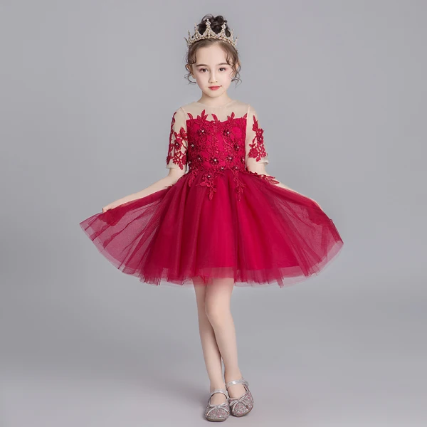 Chic / Beautiful Burgundy See-through Flower Girl Dresses 2019 Ball Gown Scoop Neck Short Sleeve Appliques Lace Rhinestone Short Ruffle Wedding Party Dresses