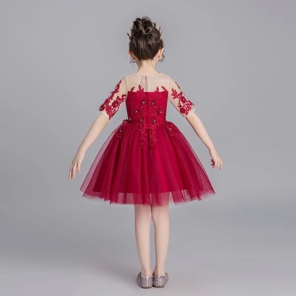 Chic / Beautiful Burgundy See-through Flower Girl Dresses 2019 Ball Gown Scoop Neck Short Sleeve Appliques Lace Rhinestone Short Ruffle Wedding Party Dresses