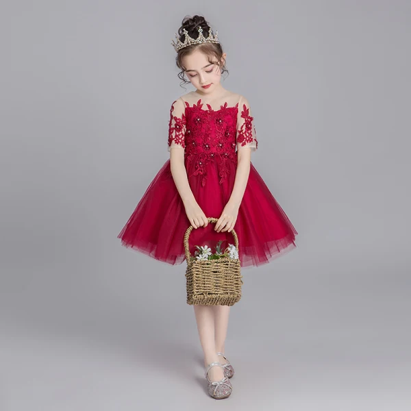Chic / Beautiful Burgundy See-through Flower Girl Dresses 2019 Ball Gown Scoop Neck Short Sleeve Appliques Lace Rhinestone Short Ruffle Wedding Party Dresses