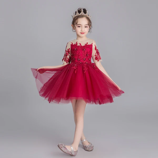 Chic / Beautiful Burgundy See-through Flower Girl Dresses 2019 Ball Gown Scoop Neck Short Sleeve Appliques Lace Rhinestone Short Ruffle Wedding Party Dresses