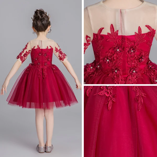 Chic / Beautiful Burgundy See-through Flower Girl Dresses 2019 Ball Gown Scoop Neck Short Sleeve Appliques Lace Rhinestone Short Ruffle Wedding Party Dresses