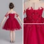 Chic / Beautiful Burgundy See-through Flower Girl Dresses 2019 Ball Gown Scoop Neck Short Sleeve Appliques Lace Rhinestone Short Ruffle Wedding Party Dresses