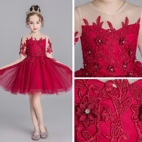 Chic / Beautiful Burgundy See-through Flower Girl Dresses 2019 Ball Gown Scoop Neck Short Sleeve Appliques Lace Rhinestone Short Ruffle Wedding Party Dresses