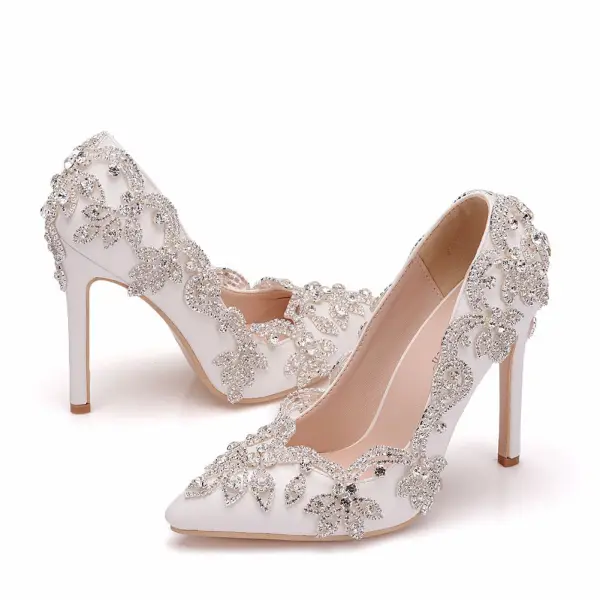 Elegante Witte Rhinestone Spitse Neus Bruidsschoenen 2025 Huwelijk 11 cm Naaldhakken / Stiletto Pumps Hoge Hakken