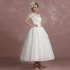 Classic Ivory Lace Wedding Dresses 2018 Ball Gown Scoop Neck Short Sleeve Backless Ankle Length Ruffle