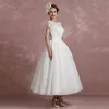 Classic Ivory Lace Wedding Dresses 2018 Ball Gown Scoop Neck Short Sleeve Backless Ankle Length Ruffle