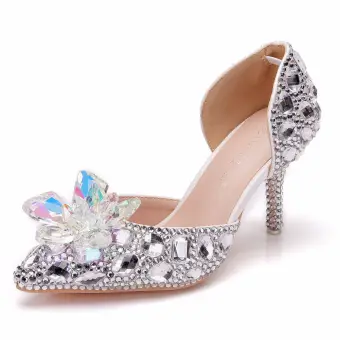 Cinderella Silver Crystal Wedding Shoes 2023 7 Cm Wedding Stiletto Heels Pointed Toe Wedding Shoes High Heels