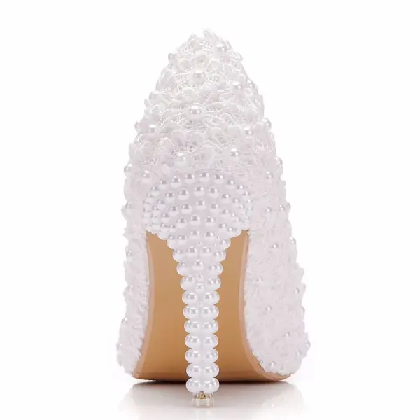 Elegante Witte Parel Kant Bloem Bruidsschoenen 2025 9 cm Naaldhakken / Stiletto Spitse Neus Huwelijk Pumps Hoge Hakken