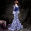 Chinese style White Royal Blue Evening Dresses  2017 Trumpet / Mermaid V-Neck Long Sleeve Appliques Lace Court Train Ruffle Backless Formal Dresses