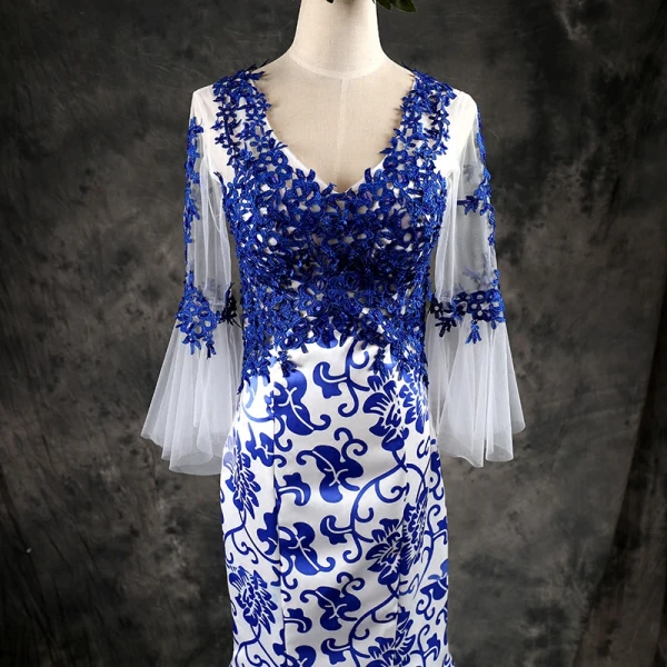 Chinese style White Royal Blue Evening Dresses 2017 Trumpet / Mermaid V-Neck Long Sleeve Appliques Lace Court Train Ruffle Backless Formal Dresses Chinese style White Royal Blue Evening Dresses 2017 Trumpet / Mermaid V-Neck Long Sleeve Appliques Lace Court Train Ruffle Backless Formal Dresses