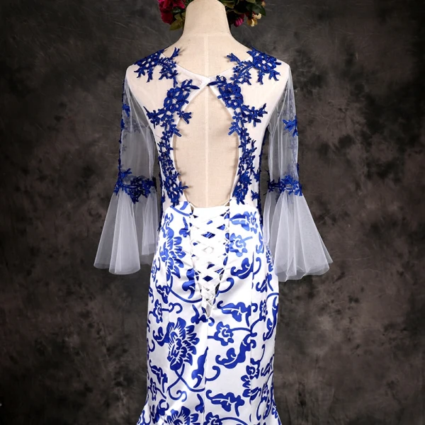 light blue flapper dress Blue and white porcelain cheongsam long stage catwalk improved costume –  Ame_handmadesg main image 1