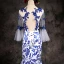 Chinese style White Royal Blue Evening Dresses  2017 Trumpet / Mermaid V-Neck Long Sleeve Appliques Lace Court Train Ruffle Backless Formal Dresses