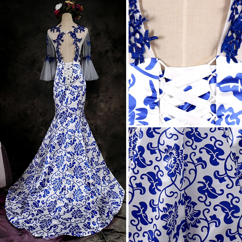 Chinese Style White Royal Blue Evening Dresses 2017 Trumpet Mermaid V Neck  Long Sleeve Appliques Lace Court Train Ruffle Backless Formal Dresses