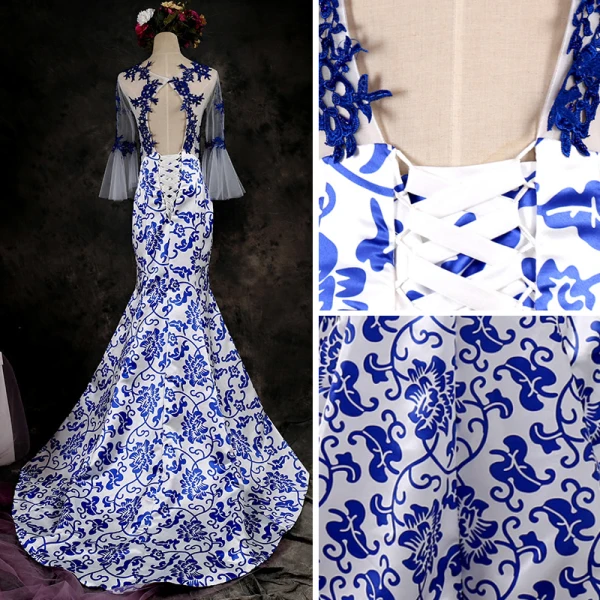 Chinese style White Royal Blue Evening Dresses 2017 Trumpet / Mermaid V-Neck Long Sleeve Appliques Lace Court Train Ruffle Backless Formal Dresses