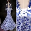 Chinese style White Royal Blue Evening Dresses  2017 Trumpet / Mermaid V-Neck Long Sleeve Appliques Lace Court Train Ruffle Backless Formal Dresses