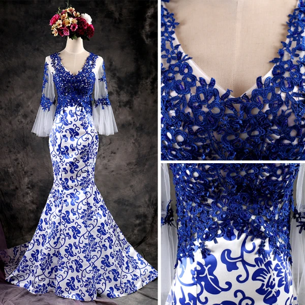 Chinese style White Royal Blue Evening Dresses 2017 Trumpet / Mermaid V-Neck Long Sleeve Appliques Lace Court Train Ruffle Backless Formal Dresses