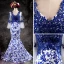 Chinese style White Royal Blue Evening Dresses  2017 Trumpet / Mermaid V-Neck Long Sleeve Appliques Lace Court Train Ruffle Backless Formal Dresses
