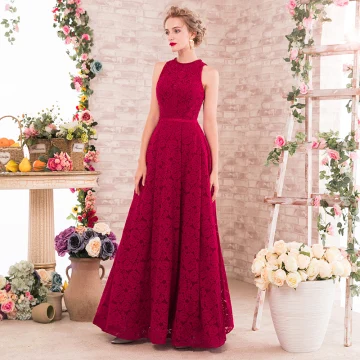Chic Beautiful Burgundy Evening Dresses 2017 A Line Princess Scoop Neck Sleeveless Beading Pearl Sash Floor Length Long Backless Formal Dresses