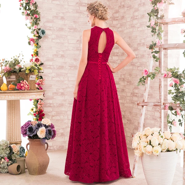 Chic / Beautiful Burgundy Evening Dresses 2017 A-Line / Princess Scoop Neck Sleeveless Beading Pearl Sash Floor-Length / Long Backless Formal Dresses