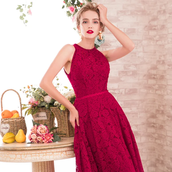 Chic / Beautiful Burgundy Evening Dresses 2017 A-Line / Princess Scoop Neck Sleeveless Beading Pearl Sash Floor-Length / Long Backless Formal Dresses