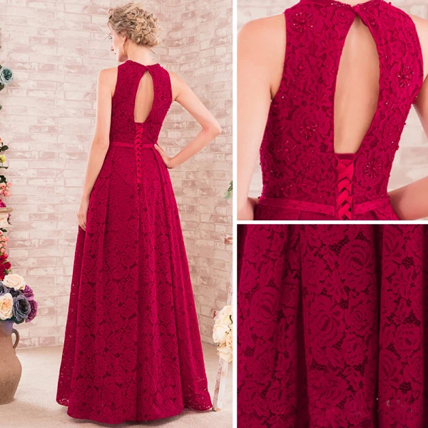 Chic / Beautiful Burgundy Evening Dresses 2017 A-Line / Princess Scoop Neck Sleeveless Beading Pearl Sash Floor-Length / Long Backless Formal Dresses